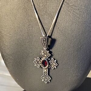 Vintage Marcasite & Garnet Cross 925 Sterling Silver Necklace 17" Signed CW [P37
